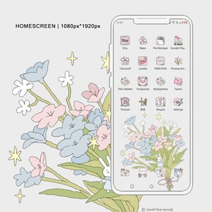 May include: A stylized illustration of a smartphone homescreen with a floral design. The phone has a white background with a variety of app icons, including Etsy, Maps, File Manager, Google Play, Carousell, Lazada, WEBTOON, Penang Smile, TNG eWallet, foodpanda, MySejahtera, Teams, Threads, 淘宝, Shopee, and Settings. The floral design is in the style of a bouquet of flowers with pink, blue, and white flowers and green leaves. The phone is surrounded by a white border.