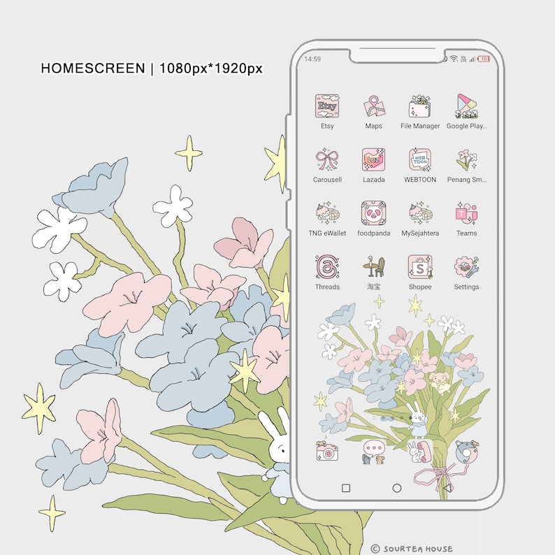 May include: A stylized illustration of a smartphone homescreen with a floral design. The phone has a white background with a variety of app icons, including Etsy, Maps, File Manager, Google Play, Carousell, Lazada, WEBTOON, Penang Smile, TNG eWallet, foodpanda, MySejahtera, Teams, Threads, 淘宝, Shopee, and Settings. The floral design is in the style of a bouquet of flowers with pink, blue, and white flowers and green leaves. The phone is surrounded by a white border.