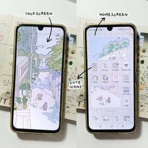 May include: A smartphone with a light blue and white illustrated background. The home screen displays a grid of app icons with cute cartoon illustrations. The lock screen shows a similar illustration of a street scene with a time of 14:59.