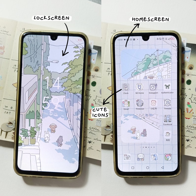 May include: A smartphone with a light blue and white illustrated background. The home screen displays a grid of app icons with cute cartoon illustrations. The lock screen shows a similar illustration of a street scene with a time of 14:59.