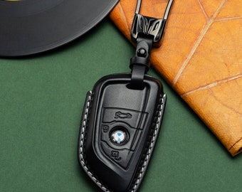 Handmade Leather Key Fob Cover Compatible for BMW X1, X3, X5, X7, 3, 5, 6, 7 Series etc, Car Key Case Fit for Volvo, Gift for Him Her