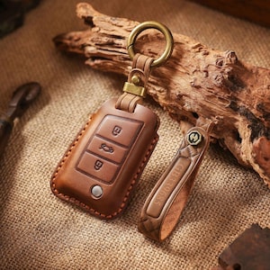 Handgefertigte Leder Schlüsselanhänger Cover Kompatibel für VW Sagitar Lavida T-ROC Lamando Tayron usw, Leder Autoschlüssel Halter, Geschenk für Ihn