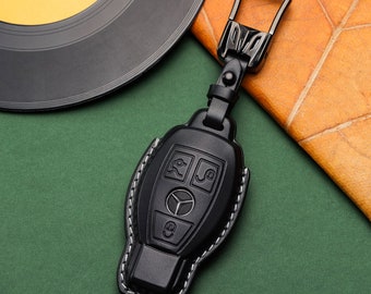 Handmade Leather Key Fob Cover Compatible for Mercedes GLK GLA GLB... E300L C200L C260L C E S Class etc, Car Key Case, Gift for Him Her