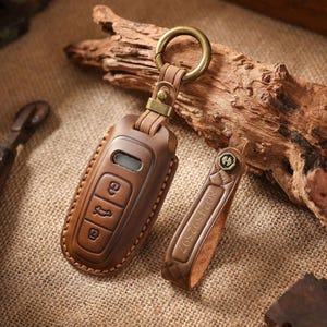 Personalized Leather Key Fob Cover Compatible for Audi A3 A4 A5 A6 S5 Q3 Q5 Q7 TTS etc, Handmade Car Key Case Fit for Audi, Gift for Him Her