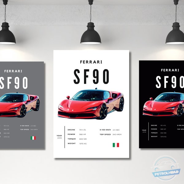 Ferrari Poster Print SF90 Poster Supercar Poster Wall Art Car Photography Decor Gift For Car Lover Ferrari Print Car Gift