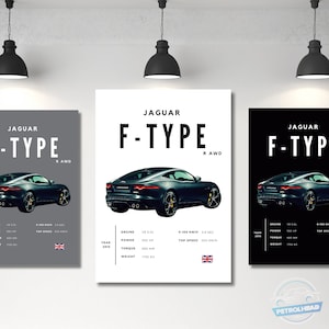 Puede incluir: Un póster en blanco y negro con un Jaguar F-Type negro sobre un fondo blanco. El póster incluye las especificaciones del coche, incluyendo el tamaño del motor, la potencia, el par y el peso. El póster también incluye el año de fabricación, 2015, y la velocidad máxima del coche, 100 km/h.