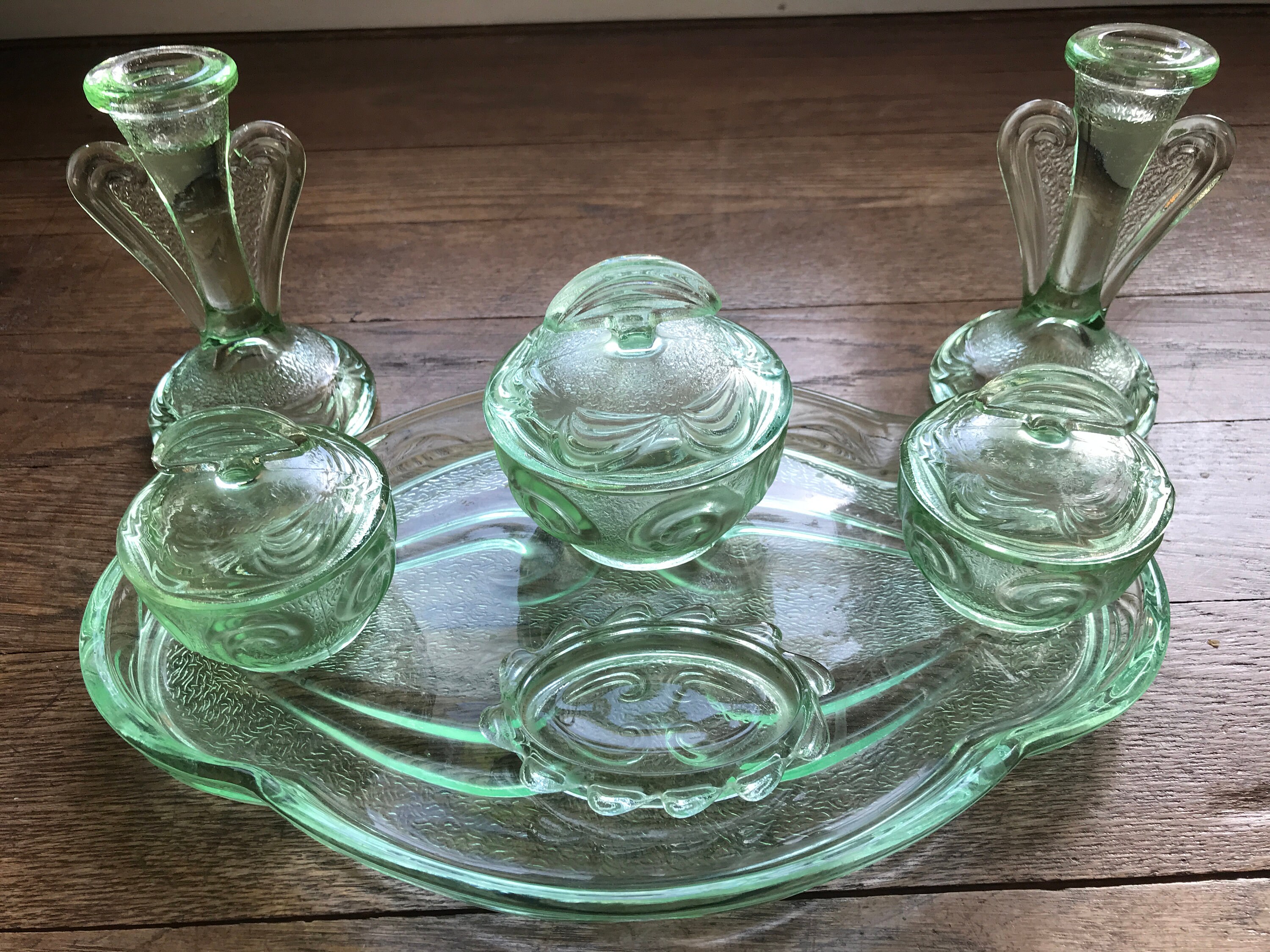 Vintage Art Deco Green Glass Vanity Set: 7-piece Dressing Table Decor - Etsy