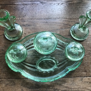 Vintage Art Deco Green Glass Vanity Set: 7-Piece Dressing Table Decor Vintage Art Deco Green Glass Vanity Set: 7-Piece Dressing Table Decor