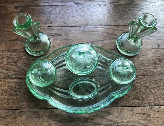 Vintage Art Deco Green Glass Vanity Set: 7-piece Dressing Table Decor - Etsy