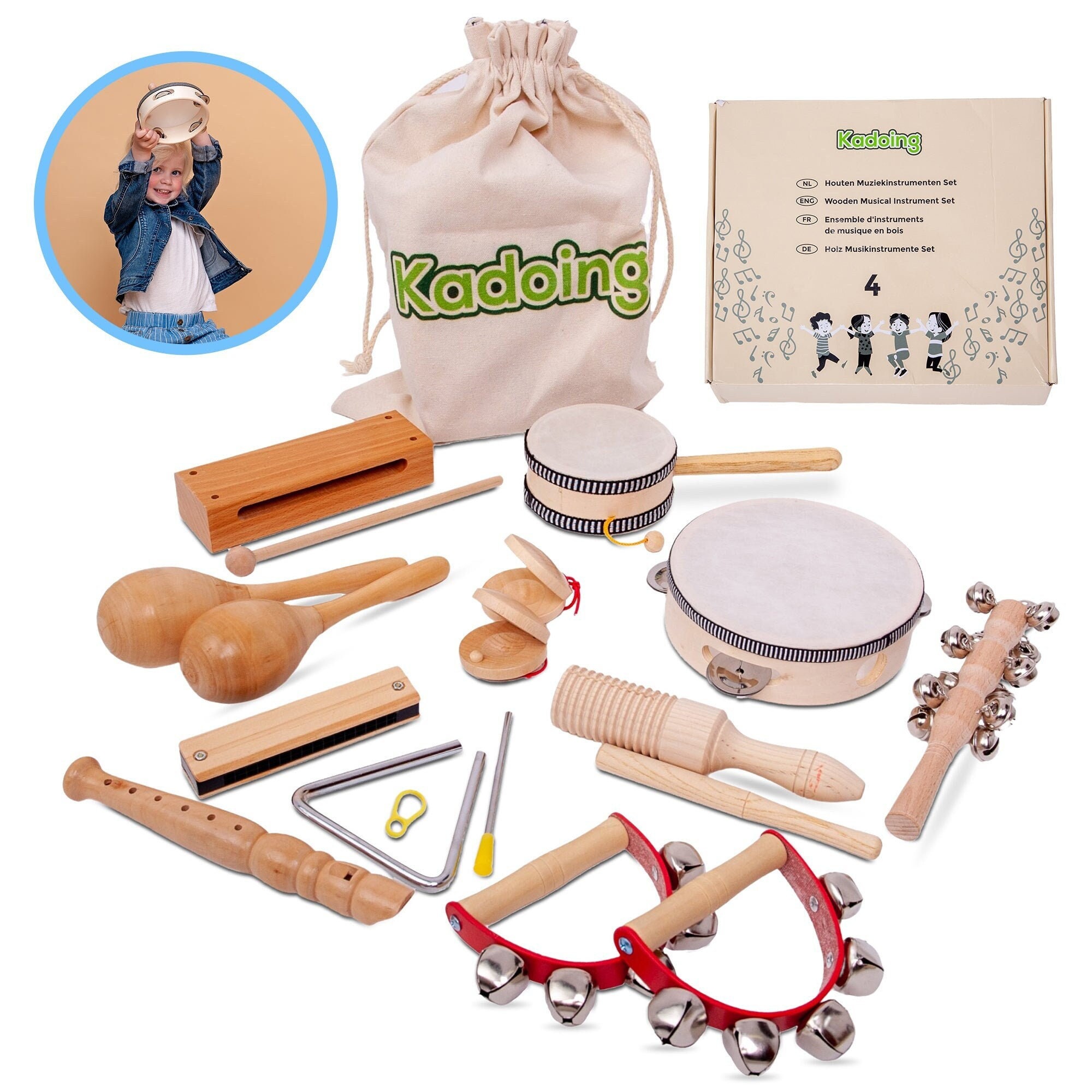 Wesimplelife Instruments De Musique Jouets De Percussions Enfants Set En Bois Instruments Pour Bebe Avec Xylophone Tambourin Flute Triangle Et Autre Instrument Jouets Avec Sac De Transport