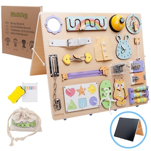Kadoing® Busy Board Montessori XL, Tavola Attività in Legno Doppia Faccia con 18 Elementi & Lavagna, Gioco Educativo per Bambini