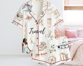 Travel Print Pajama Set for Women, Long Sleeve Pants or Short Set, Passport Camera Suitcase Sleepwear, Cozy Vacation Loungewear Gift