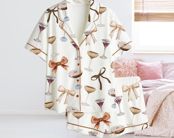 Bow & Cocktail Print Pajama Set for Women, Button Up Sleepwear Top with Pants or Shorts, Cute Loungewear, Bridesmaid Gift Nightwear Set