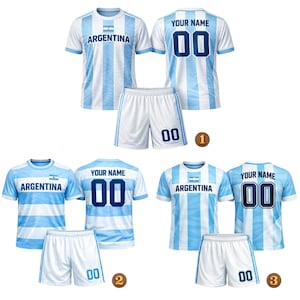 May include: Three Argentina football kits. Each set features a light blue and white striped shirt with "ARGENTINA" printed on the front and white shorts. The shirts have the option to add a name and number on the back.