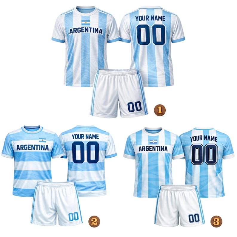 May include: Three Argentina football kits. Each set features a light blue and white striped shirt with "ARGENTINA" printed on the front and white shorts. The shirts have the option to add a name and number on the back.