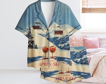 Apres Ski Pajama Set, Mountain Gondola Print Button Up PJs, Long Sleeve Pants or Short Sleeve Shorts, Cozy Winter Sleepwear Gift Idea