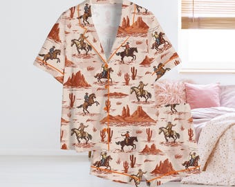 Western Cowboy Pajama Set, Button Up Pajama Shirt with Pants or Shorts, Desert Cactus Rodeo Print Sleepwear Lounge Gift Matching Nightwear