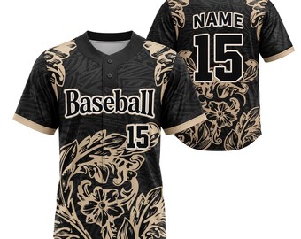 Maillot de baseball personnalisé en or noir, nom personnalisé, numéro, cadeau de chemise d'équipe floral 3D
