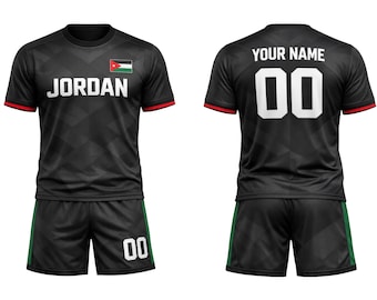 Jordan Soccer Jersey Set, Personalized Black Football Uniform with Custom Name Number, Jordan Flag Team Style Shirt and Shorts for Fans