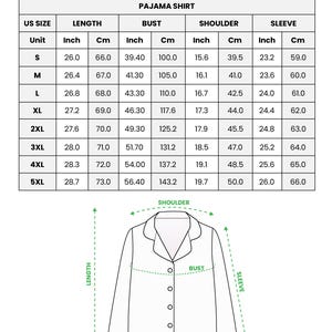 May include: Diagram showing pajama shirt measurements in inches and centimeters. Sizes range from S to 5XL, with length, bust, shoulder, and sleeve dimensions provided. The text at the top says "ALL-OVER PRINT PAJAMAS SHIRT".