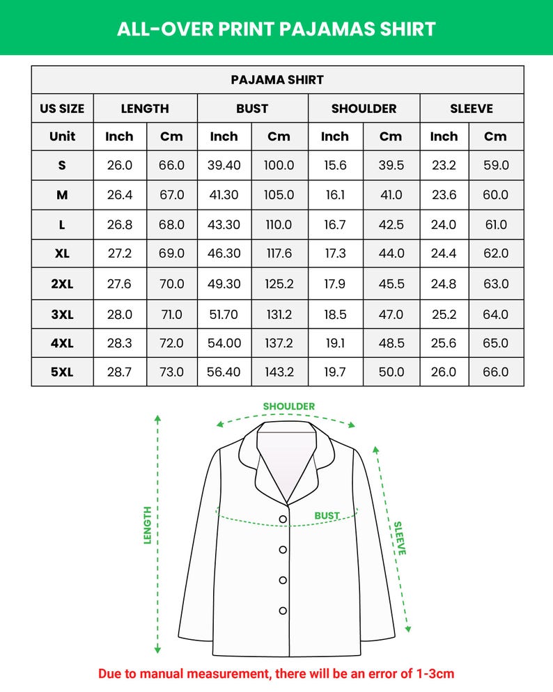 May include: Diagram showing pajama shirt measurements in inches and centimeters. Sizes range from S to 5XL, with length, bust, shoulder, and sleeve dimensions provided. The text at the top says "ALL-OVER PRINT PAJAMAS SHIRT".