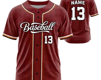 Maillot de baseball personnalisé, chemise d'équipe boutonnée bordeaux, cadeau personnalisé avec numéro de prénom