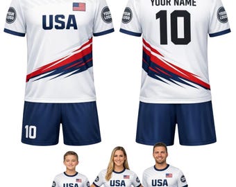 Benutzerdefiniertes USA-Fußball-Jersey-Shirt-Set, personalisierte Sportuniform mit Name, Vatertag Weiß Rot Blau Spieltag Kit für Männer Frauen Kinder