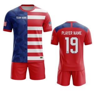 May include: A red, white, and blue soccer uniform with the text "TEAM NAME" on the front and "PLAYER NAME" and the number "19" on the back. The jersey features the US flag design.