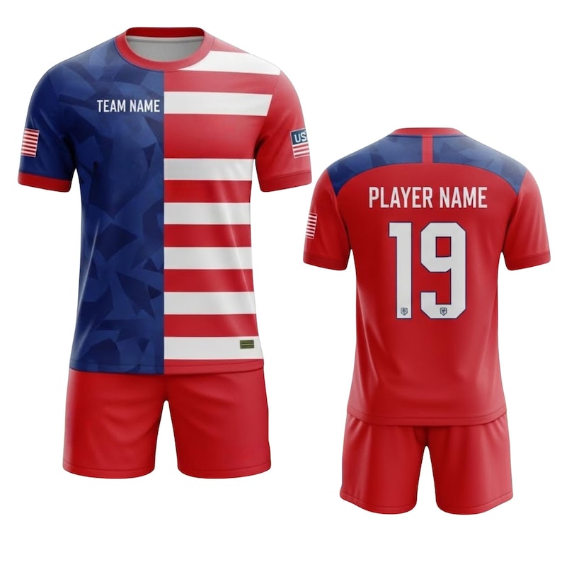 May include: A red, white, and blue soccer uniform with the text "TEAM NAME" on the front and "PLAYER NAME" and the number "19" on the back. The jersey features the US flag design.
