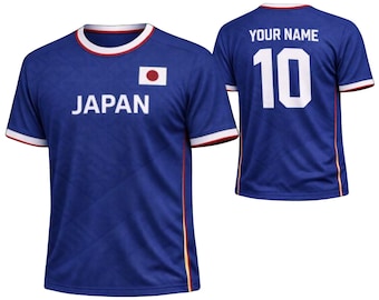 Maillot de football japonais nom numéro de chemise bleu fan de football tee drapeau japonais cadeau unisexe personnalisé pour hommes femmes supporters