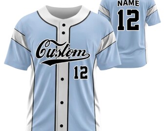 Maillot de baseball personnalisé, chemise d'équipe bleu clair, cadeau pour le haut avec numéro de nom personnalisé