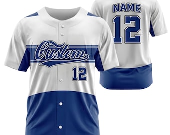 Cadeau personnalisé de chemise d'équipe de bouton de numéro de nom personnalisé de maillot de baseball bleu blanc