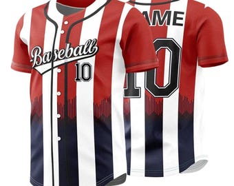 Maillot de baseball personnalisé Chemise 3D à rayures rouges et blanches Nom personnalisé Numéro Cadeau d'équipe