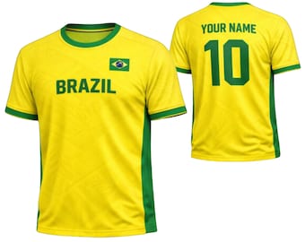 Personalisierte Brasilien Fußball Jersey Name Zurück Nummer 10 Shirt Gelb Grün Fußballfan Tee Brasilien Flagge Geschenk WM Party Outfit