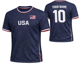 Chemise personnalisée en jersey de football des États-Unis, t-shirt de football nom numéro personnalisé, cadeau de fan drapeau américain bleu marine, maillot inspiré des États-Unis, coupe unisexe