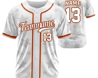 Maillot de baseball personnalisé, chemise d'équipe personnalisée, cadeau haut de sport étoiles blanc orange