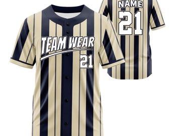 Maillot de baseball personnalisé crème bleu marine à fines rayures, chemise d'équipe personnalisée avec nom et numéro