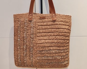 Brown beach and daily bag, shoulder bag, Metalic raffia bag