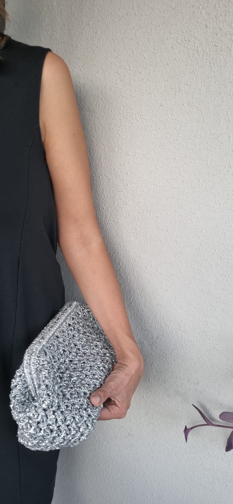 Clutch with Burs, Hand bag, Raffia, Silver, Chic and stylish image 7