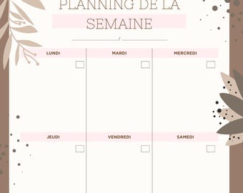 Planning de la semaine Modèle imprimable - agenda hebdomadaire  - programme de la semaine floral feuilles simple mignon grandes cases