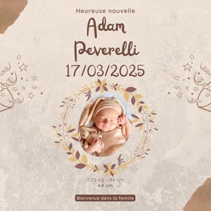 Faire-part de naissance bébé avec photo modifiable, annonce de naissance | couleur texte image modifiable | A4 / carte postale / horizontal