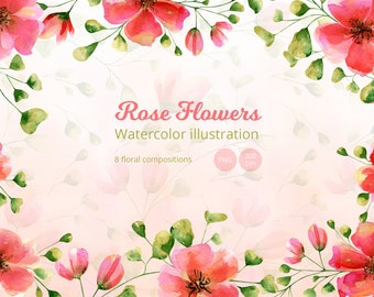 Watercolor rose flowers - Red roses clipart - Floral illustration