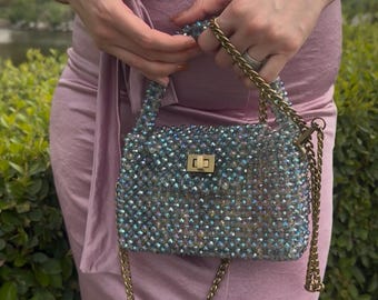 Iridescent Crystal Beaded Bag | gift box for the bag as a gift, Holographic Crossbody Purse | Handmade Sparkly Evening Clutch,gift box as a