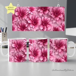3d pink flowers mug wrap 11oz 15oz mug template sublimation design PNG instant digital download