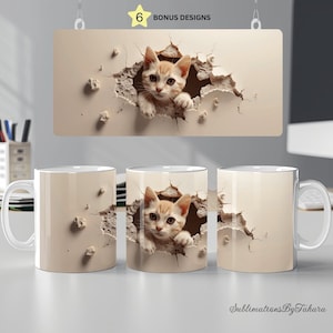 Kitten 3D hole in a wall mug wrap cat lovers mug wrap 11oz 15oz mug template sublimation design png digital download
