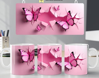 3d pęknięcie w ścianie różowy motyl kubek opakowanie 11oz 15oz kubek szablon sublimacja projekt png cyfrowe pobieranie