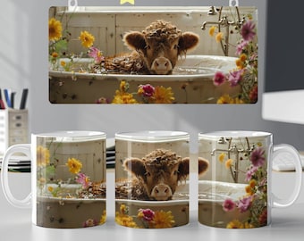 bebé vaca de las tierras altas taza envoltura sublimación 11oz 15oz taza plantilla diseño png descarga digital