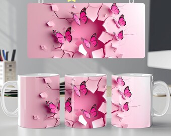 3d pęknięcie w ścianie różowy motyl kubek opakowanie 11oz 15oz kubek szablon sublimacja projekt png cyfrowe pobieranie