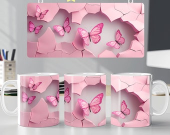 3d pęknięcie w ścianie różowy motyl kubek opakowanie 11oz 15oz kubek szablon sublimacja projekt png cyfrowe pobieranie