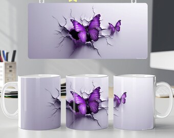 3D lila Schmetterling Loch in einem Wandbecher Wrap 11 Unzen 15 Unzen Becher Vorlage Sublimationsdesign Png digitaler Download